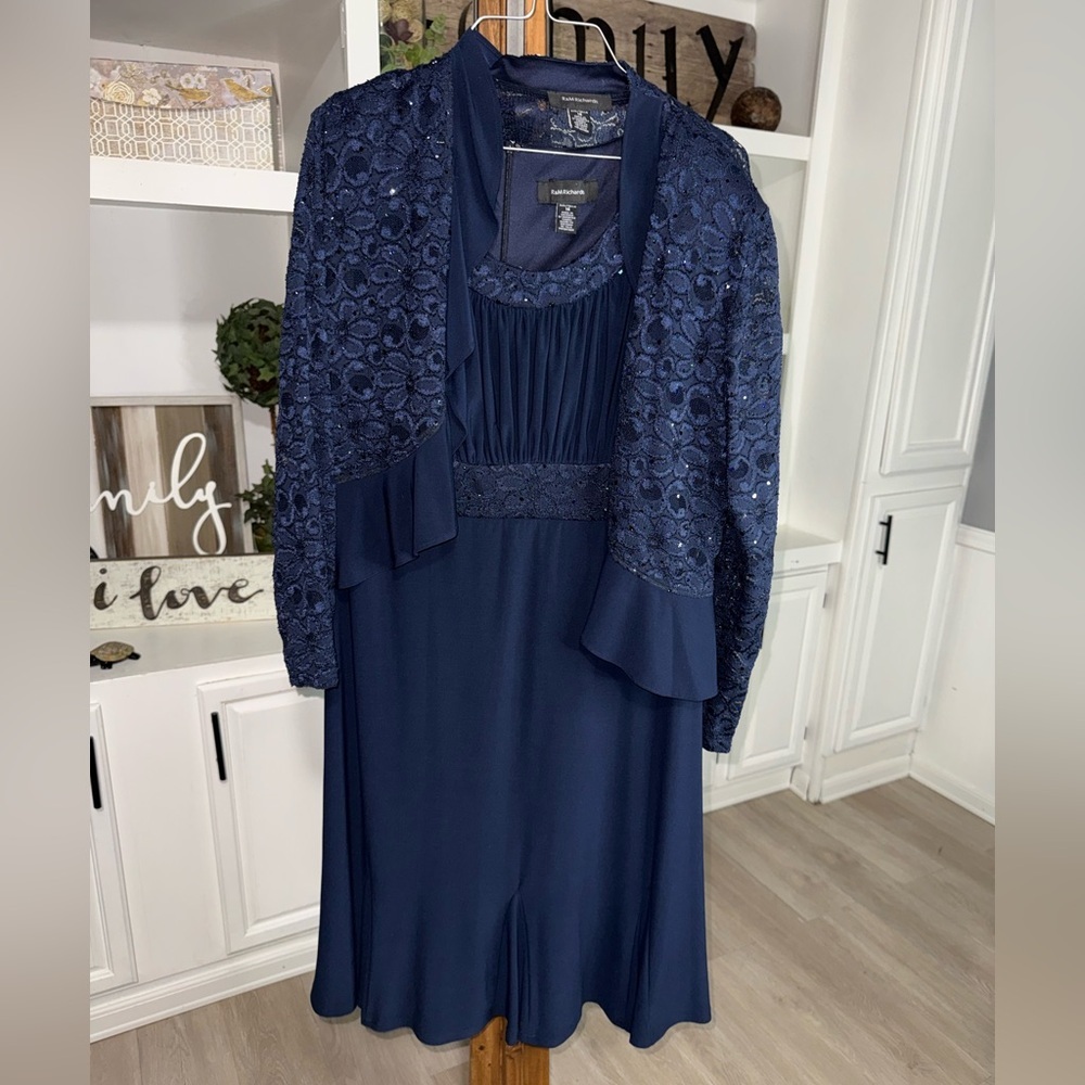 R&M Richards Navy Long Sleeve Lace Dress with Jacket